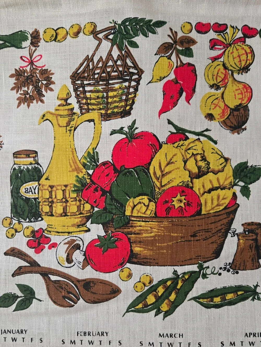 Vintage 1972 Calendar Linen Tea Towel w/ Rod to Hang Kitchen Veggies Theme